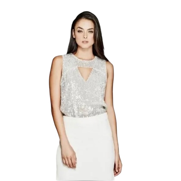 Marciano by Guess, Leanna Sequin Top in Silver & Vanilla - Picture 1 of 15